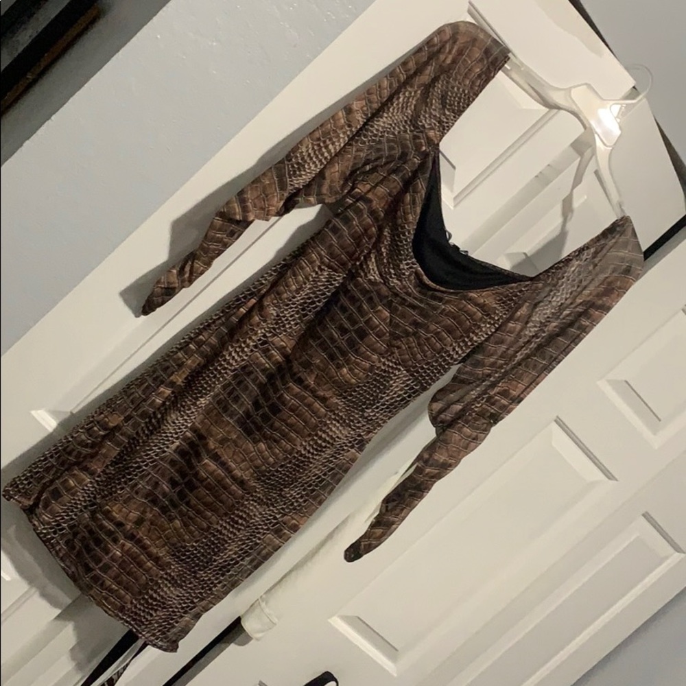 PLT- Plus brown mesh croc print body con dress